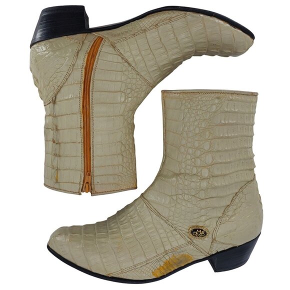 Max Leather Exotic Hornback Crocodile Cream Dress Boots Men 11 Handmade USA Shoe - Picture 8 of 16